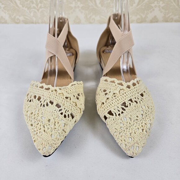 Unbranded Sz 37 (US 6.5-7) Cream Crochet Flats Pointed Toe Elastic Cross Straps - Picture 3 of 16